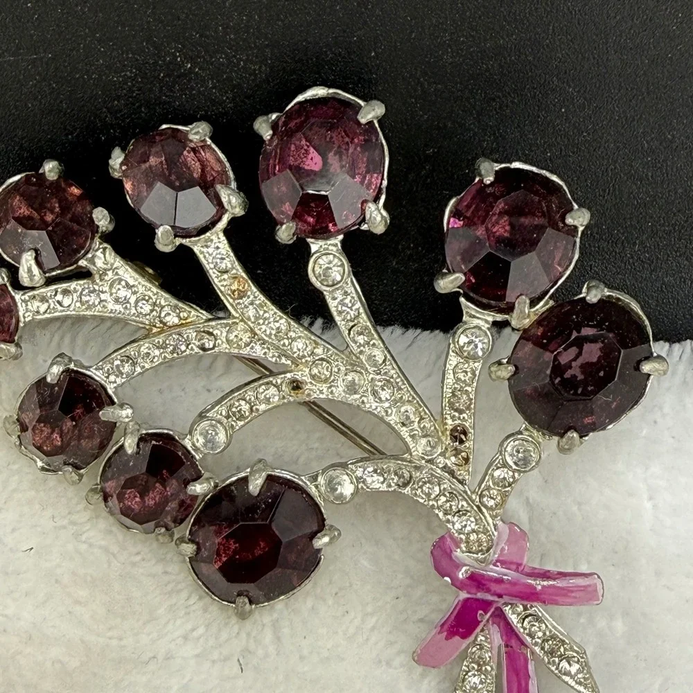 Vintage Rhinestone Brooch Purple Silver Floral Spray